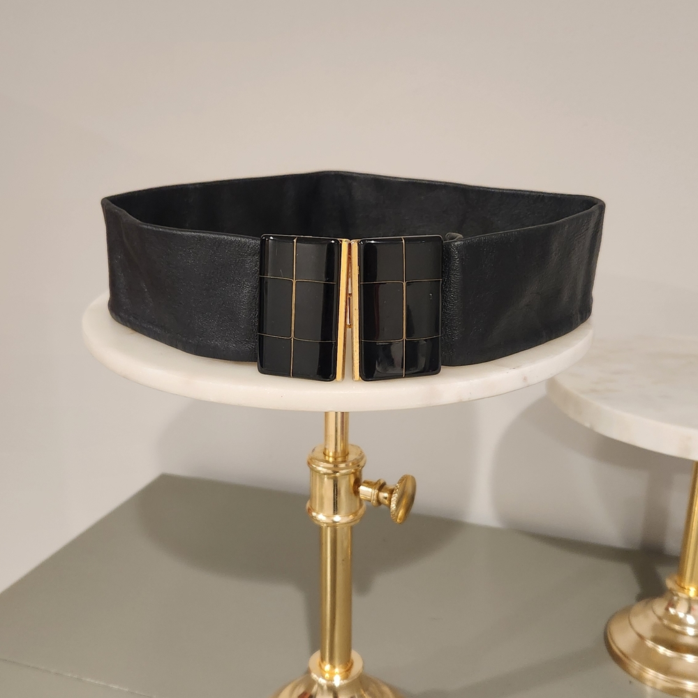 Vintage German Leather Black and Gold Women's Belt